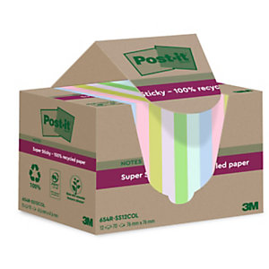 Post-it® Foglietti Super Sticky in carta riciclata al 100%, 76 x 76 mm, Blocchetti da 70 fogli, Colori assortiti (confezione 12 blocchetti)