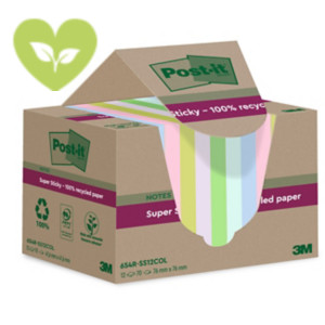Post-it® Foglietti Super Sticky in carta riciclata al 100%, 76 x 76 mm, Blocchetti da 70 fogli, Colori assortiti (confezione 12 blocchetti)