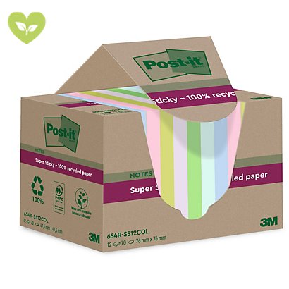 Post-it® Foglietti Super Sticky in carta riciclata al 100%, 76 x 76 mm, Blocchetti da 70 fogli, Colori assortiti (confezione 12 blocchetti) - 1