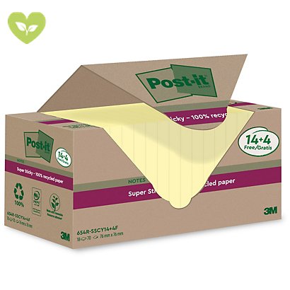 Post-it® Foglietti Super Sticky in carta riciclata al 100%, 76 x 76 mm, Blocchetti da 70 fogli, Giallo Canary™ (confezione 14 blocchetti + 4 in omaggio) - 1