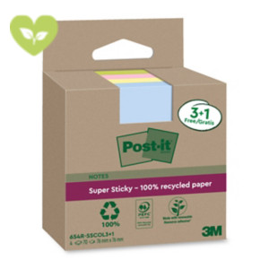 Post-it® Foglietti Super Sticky in carta riciclata al 100%, Value pack, 76 x 76 mm, Blocchetti da 70 fogli, Colori assortiti (confezione 3 blocchetti + 1 in omaggio) Post-it® Foglietti Super Sticky in carta riciclata al 100%, Value pack, 76 x 76 mm, Blocchetti da 70 fogli, Colori assortiti (confezione 3 blocchetti + 1 in omaggio)