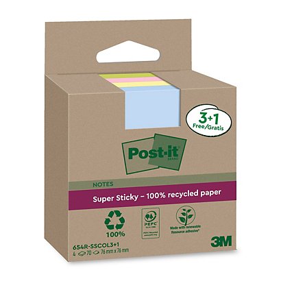 Post-it® Foglietti Super Sticky in carta riciclata al 100%, Value pack, 76 x 76 mm, Blocchetti da 70 fogli, Colori assortiti (confezione 3 blocchetti + 1 in omaggio) - 1