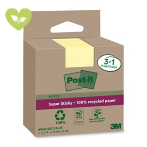 Post-it® Foglietti Super Sticky in carta riciclata al 100%, Value Pack, 76 x 76 mm, Blocchetti da 70 fogli, Giallo Canary™ (confezione 3 blocchetti + 1 in omaggio)