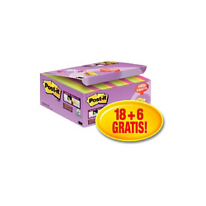 Post-it® Foglietti Super Sticky, Value Pack, 47,6 x 47,6 mm, Blocchetti da 90 fogli, Colori neon assortiti (confezione 18 blocchetti + 6 in omaggio)