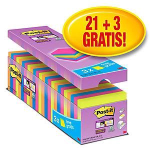 Post-it® Foglietti Super Sticky, Value Pack, 76 x 76 mm, Blocchetti da 90 fogli, Colori neon assortiti (confezione 21 blocchetti + 3 in omaggio)