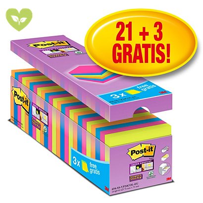 Post-it® Foglietti Super Sticky, Value Pack, 76 x 76 mm, Blocchetti da 90 fogli, Colori neon assortiti (confezione 21 blocchetti + 3 in omaggio) - 1