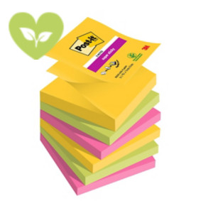 Post-it® Foglietti Super Sticky Z-Notes, Collezione Carnival, 76 x 76 mm, Blocchetti da 90 fogli, Colori giallo sole, verde lime, rosa power (confezione 6 blocchetti)