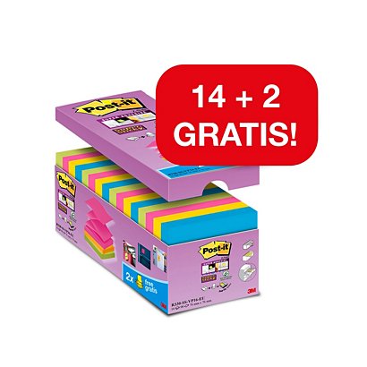 Post-it® Foglietti Super Sticky Z-Notes, Value Pack, 76 x 76 mm, Blocchetti da 90 fogli, Colori neon assortiti (confezione 14 blocchetti + 2 in omaggio) - 1