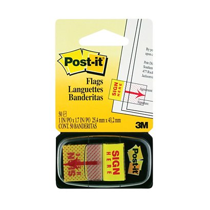 Post-it® Index Segnapagina riposizionabili con scritta Firma qui, 25,4 x 43,2 mm, Dispenser da 50 foglietti, Giallo - 1