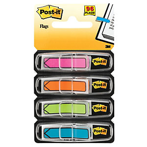 Post-it® Index Segnapagina riposizionabili a forma di freccia, 12 x 45 mm, Dispenser da 24 foglietti, Colori assortiti (confezione 4 pezzi)