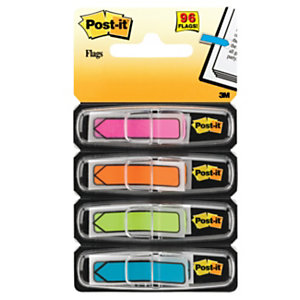 Post-it® Index Segnapagina riposizionabili a forma di freccia, 12 x 45 mm, Dispenser da 24 foglietti, Colori assortiti (confezione 4 pezzi)