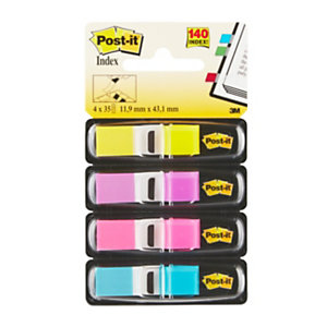 Post-it® Index Segnapagina riposizionabili Mini, 12 x 43,2 mm, Dispenser da 35 foglietti, Colori assortiti Fluo  (confezione 4 pezzi)