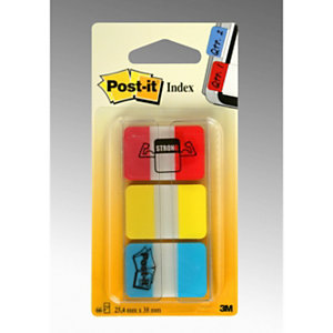 Post-it® Index Segnapagina riposizionabili Strong Small, 25 x 38 mm, Dispenser da 22 foglietti, Colori classici assortiti (confezione 3 pezzi)