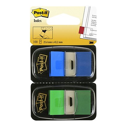 Post-it® Marcapáginas medianos 25,4 x 43,2 mm azul y verde 2 x 50 doble paquete con dispensadores 680-GB2EU - 1
