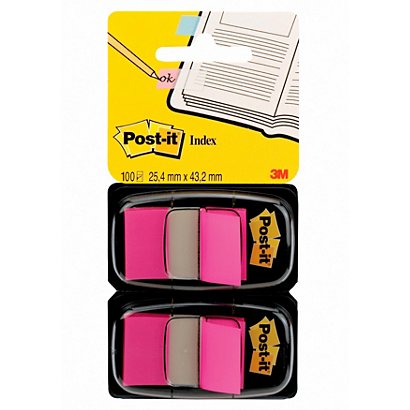 Post-it® Marcapáginas medianos de 25,4 x 43,2 mm en rosa intenso con paquete doble de 2 x 50 con dispensadores - 1