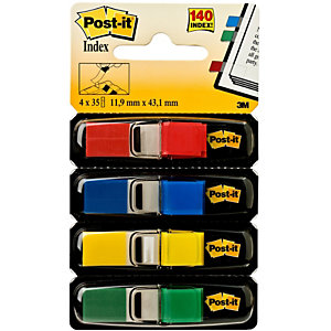 Post-it® Marcapáginas pequeños de 11,9 x 43,1 mm en colores variados Paquete de 4 x 35 con dispensadores 683-4