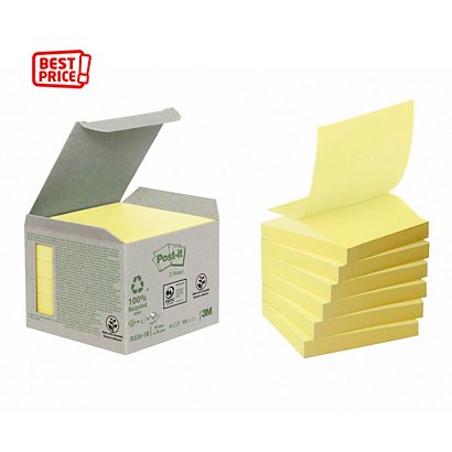 Post-it Mini-tour de notes adhésives papier recyclé Z-Notes jaune 76 x 76 mm - 6 blocs de 100 feuilles - 1