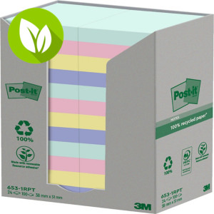 Post-it® Notas adhesivas recicladas en torre, colección Nature, bloques 38 x 51 mm, 100 hojas, colección de colores surtidos