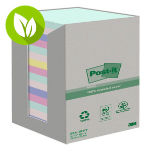 Post-it® Notas adhesivas recicladas en torre, colección Nature, bloques 76 x 76 mm, 100 hojas, colección de colores surtidos