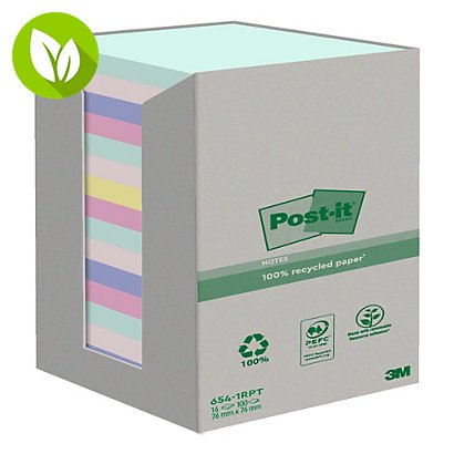 Post-it® Notas adhesivas recicladas en torre, colección Nature, bloques 76 x 76 mm, 100 hojas, colección de colores surtidos - 1