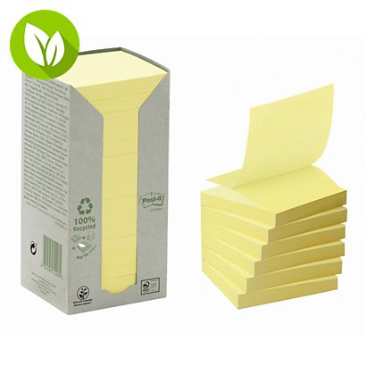Post-it® Notas adhesivas Z-Notes recicladas en torre de 16 bloques, bloques 76 x 76 mm, amarillo, 100 notas - 1