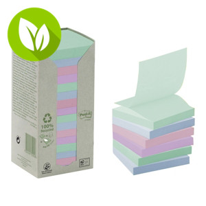 Post-it® Notas adhesivas Z-Notes recicladas en torre de 16 bloques, bloques 76 x 76 mm, colección de colores variados Pastel Rainbow, 100 hojas