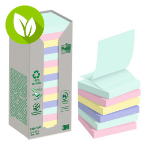 Post-it® Notas adhesivas Z-Notes recicladas en torre, colección Nature, bloques 76 x 76 mm, 100 hojas, colores surtidos