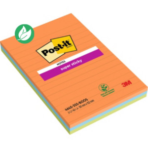 Post-it Note de Réunion Super Sticky Lignées Rectangle 102 x 152 mm Assortis Vifs - lot de 3 blocs de 45 Feuilles