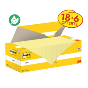 Post-it Notes repositionnables 127 x 76 mm - Jaune - Pack 18 blocs de 100 feuilles + 6 gratuits