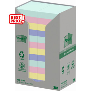 Post-it Notes repositionnables Nature recyclées 38 x 51 mm - Assorties - Tour 24 blocs de 100 feuilles