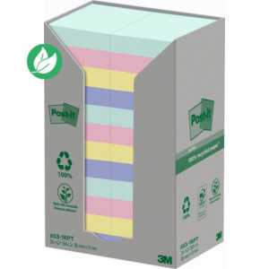Post-it Notes repositionnables Nature recyclées 38 x 51 mm - Assorties - Tour 24 blocs de 100 feuilles Post-it Notes repositionnables Nature recyclées 38 x 51 mm - Assorties - Tour 24 blocs de 100 feuilles