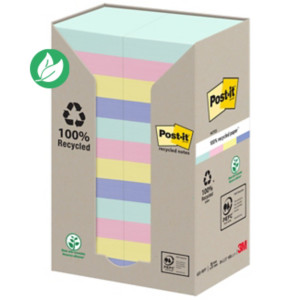 Post-it Notes repositionnables Nature recyclées 38 x 51 mm - Assorties - Tour 24 blocs de 100 feuilles Post-it Notes repositionnables Nature recyclées 38 x 51 mm - Assorties - Tour 24 blocs de 100 feuilles