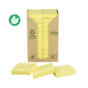 Post-it Notes repositionnables recyclées 38 x 51 mm - Jaune - Tour 24 blocs de 100 feuilles