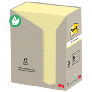 Post-it Notes repositionnables recyclées 76 x 127 mm - Jaune - Tour 16 blocs de 100 feuilles Post-it Notes repositionnables recyclées 76 x 127 mm - Jaune - Tour 16 blocs de 100 feuilles