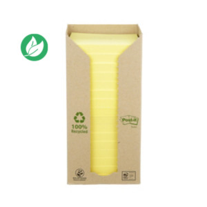 Post-it Notes repositionnables recyclées 76 x 76 mm - Jaune - Tour 16 blocs de 100 feuilles