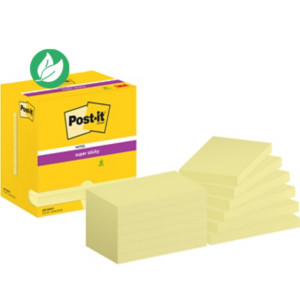 Post-it Notes repositionnables Super Sticky 76 x 127 mm - Jaune - Lot 12 blocs de 90 feuilles