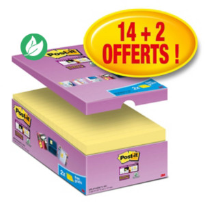 Post-it Notes repositionnables Super Sticky 76 x 127 mm - Jaune - Pack 14 blocs de 90 feuilles + 2 gratuits