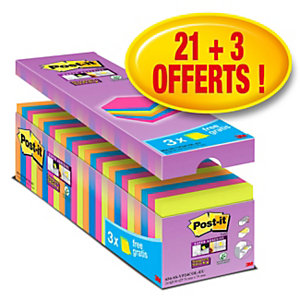 Post-it Notes repositionnables Super Sticky 76 x 76 mm - Assortis vifs - Pack 21 blocs de 90 feuille