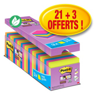 Post-it Notes repositionnables Super Sticky 76 x 76 mm - Assortis vifs - Pack 21 blocs de 90 feuilles + 3 gratuits