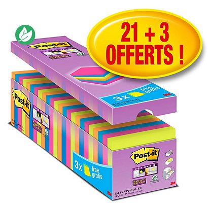 Post-it Notes repositionnables Super Sticky 76 x 76 mm - Assortis vifs - Pack 21 blocs de 90 feuilles + 3 gratuits - 1