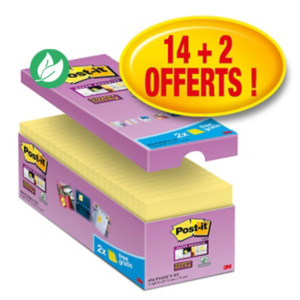 Post-it Notes repositionnables Super Sticky 76 x 76 mm - Jaune - Pack 14 blocs de 90 feuilles + 2 gratuits
