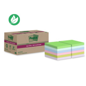 Post-it Notes repositionnables Super Sticky recyclées 48 x 48 mm - Assorties - Lot 12 blocs de 70 feuilles