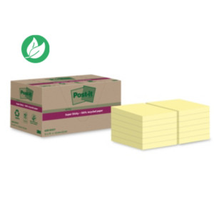 Post-it Notes repositionnables Super Sticky recyclées 48 x 48 mm - Jaune - Lot 12 blocs de 70 feuilles