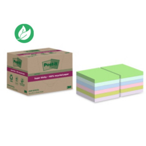 Post-it Notes repositionnables Super Sticky recyclées 76 x 76 mm - Assorties - Lot 12 blocs de 70 feuilles