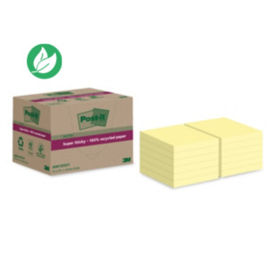 Post-it Notes repositionnables Super Sticky recyclées 76 x 76 mm - Jaune - Lot 12 blocs de 70 feuilles