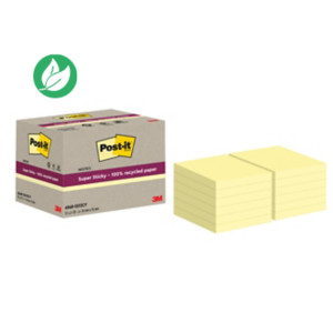 Post-it Notes repositionnables Super Sticky recyclées 76 x 76 mm - Jaune - Lot 12 blocs de 70 feuilles Post-it Notes repositionnables Super Sticky recyclées 76 x 76 mm - Jaune - Lot 12 blocs de 70 feuilles