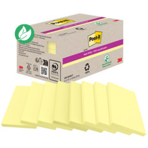 Post-it Notes Super Sticky Recyclées 76 x 127 mm 3M - Boite de 8 blocs rectangulaires de 70 feuilles - Jaune Canari Post-it Notes Super Sticky Recyclées 76 x 127 mm 3M - Boite de 8 blocs rectangulaires de 70 feuilles - Jaune Canari