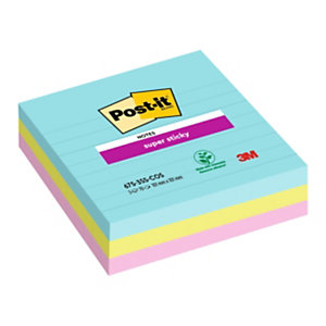 Post-it® Super Sticky Foglietti a righe, Blocco, 101 x 101 mm, Blocchetti da 90 fogli, Colori Cosmic (confezione 3 pezzi)