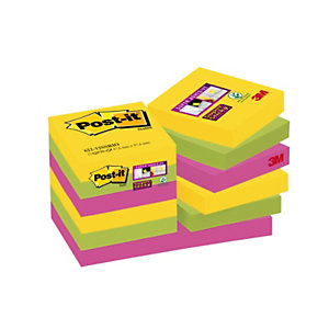 Post-it® Super Sticky, Foglietti riposizionabili, 47,6 x 47,6 mm, Blocchetti da 90 foglietti, Colori Assortiti (confezione 12 pezzi)