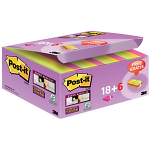Post-it® Super Sticky, Foglietti Riposizionabili, Blocchi 47,6 x 47,6 mm, Colori Assortiti, 90 foglietti, Confezione da 24 pezzi (confezione 18+6 pezzi) Post-it® Super Sticky, Foglietti Riposizionabili, Blocchi 47,6 x 47,6 mm, Colori Assortiti, 90 foglietti, Confezione da 24 pezzi (confezione 18+6 pezzi)
